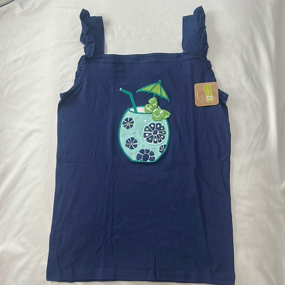 NWT Crazy 8 blue tank top with pineapple drink embroidered on front.